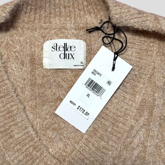 NWT Stellae Dux V-Neck Sweater Cable-Knit Long Sleeve Drop Shoulder Tan Size XL - Picture 3 of 9